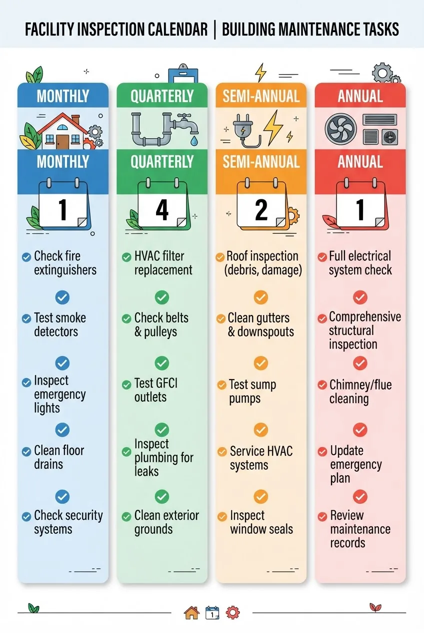 shows a calendar with seasonal and annual inspection tasks divided into columns: Monthly, Quarterly, Semi-Annual, Annual; with icons for