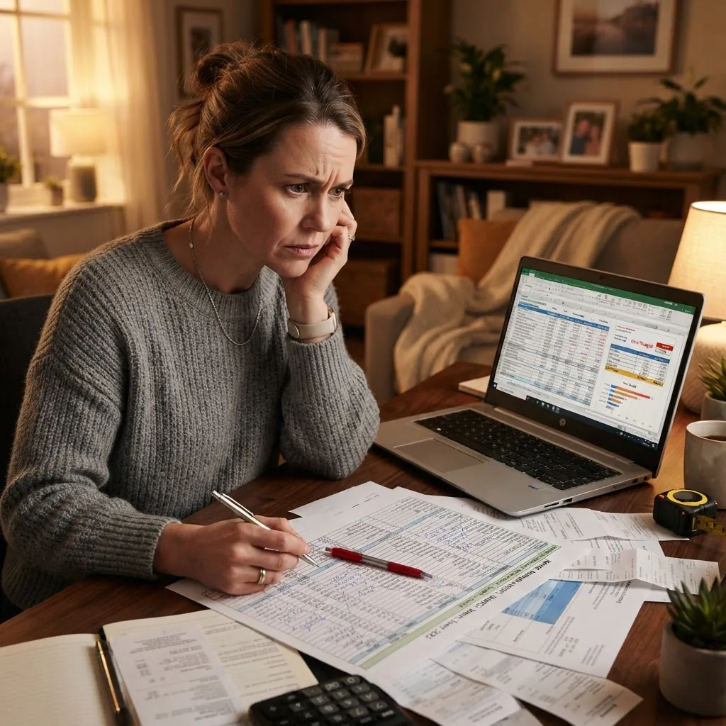 A staged photo of a homeowner looking concerned while reviewing a construction budget sheet and laptop screen next to scattered receipts