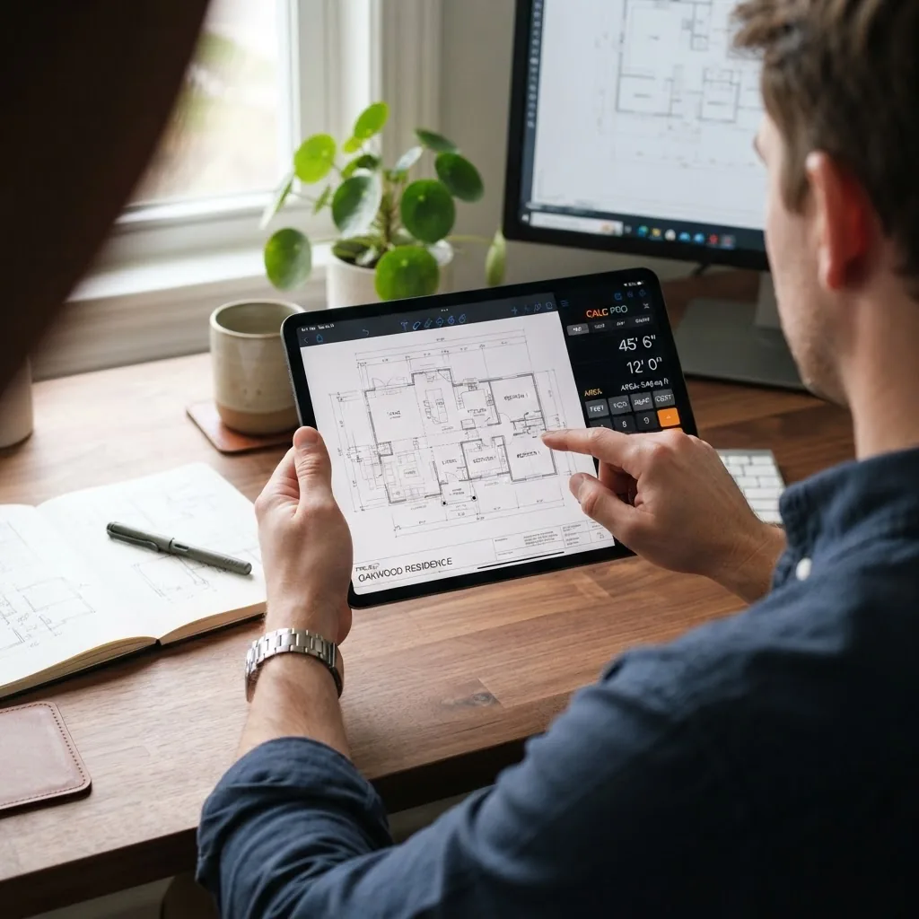 A close-up photo of a person's hands using a tablet displaying a house blueprint and digital construction calculator tool on the screen,