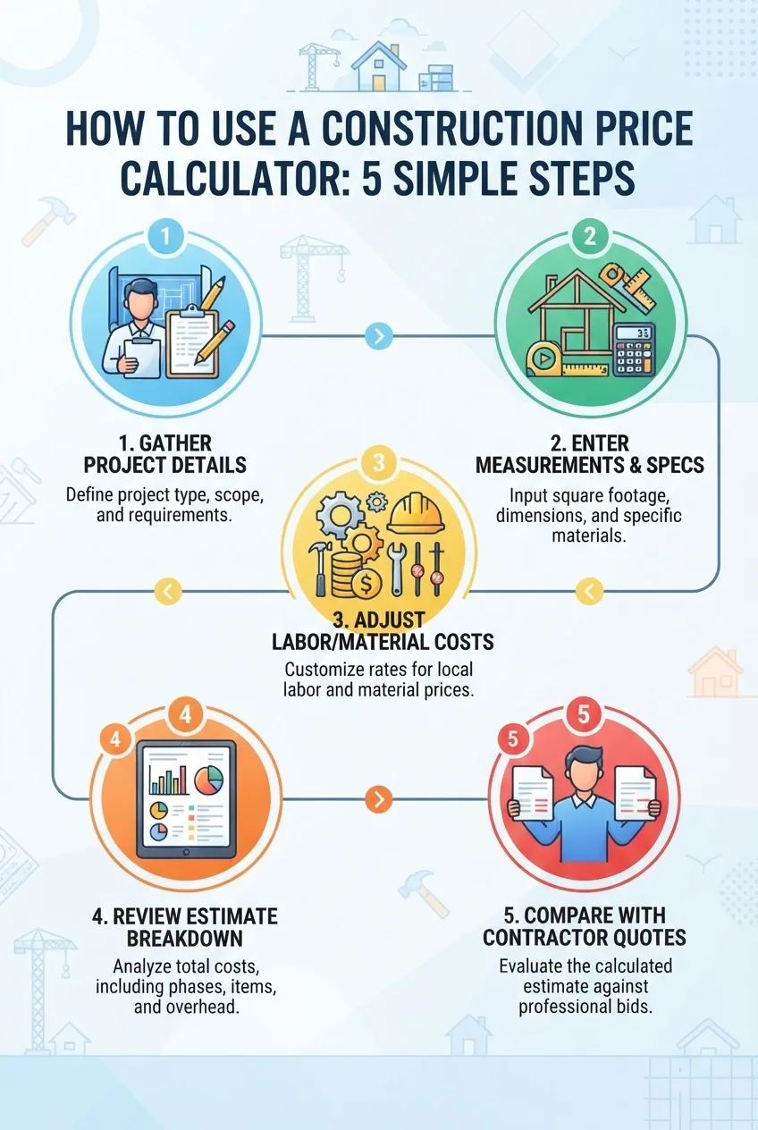 shows 5 stages of using a construction price calculator: 1) Gather project details, 2) Enter measurements and specs, 3) Adjust