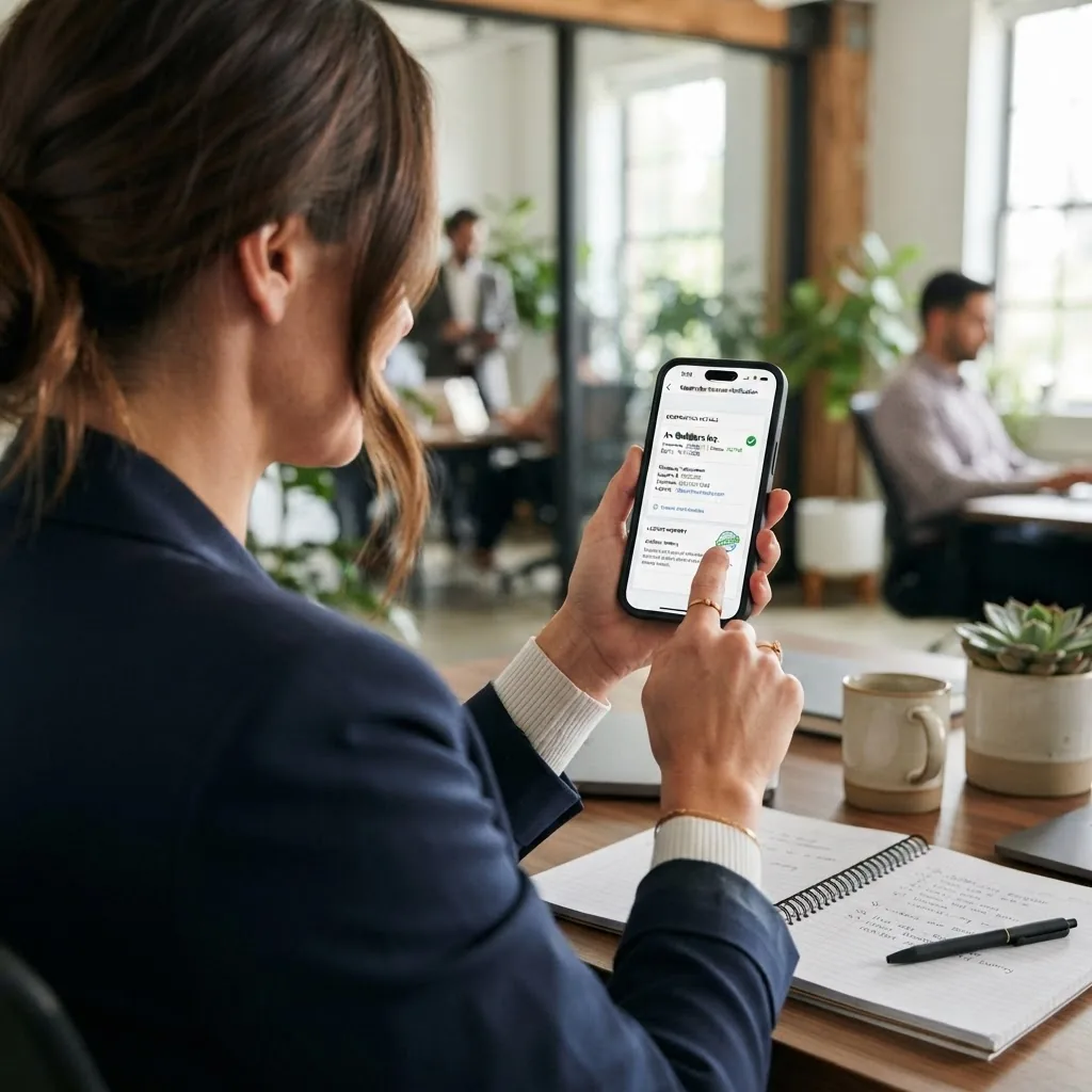 Over-the-shoulder shot of a person pointing at a smartphone screen displaying a contractor license verification tool interface, indoors,