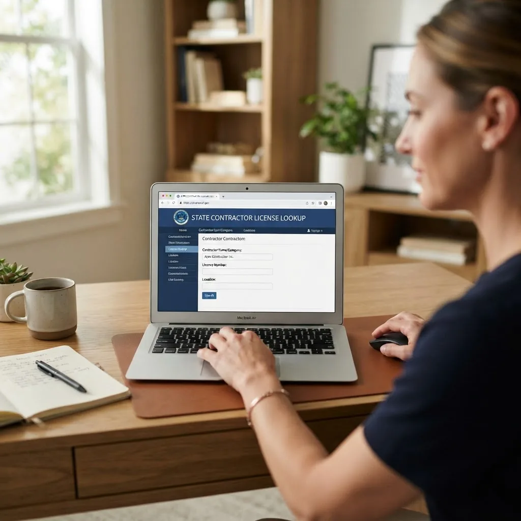 A close-up photo of a person using a laptop at a desk, browsing a government contractor license lookup website, with natural daylight,