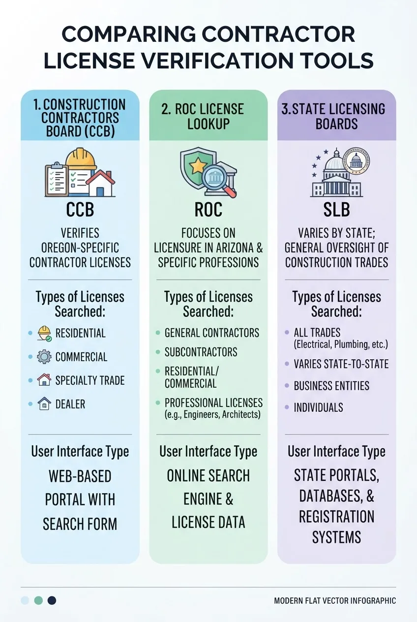 Infographic illustrating a comparison of three main contractor license verification tools: Construction Contractors Board (CCB), ROC