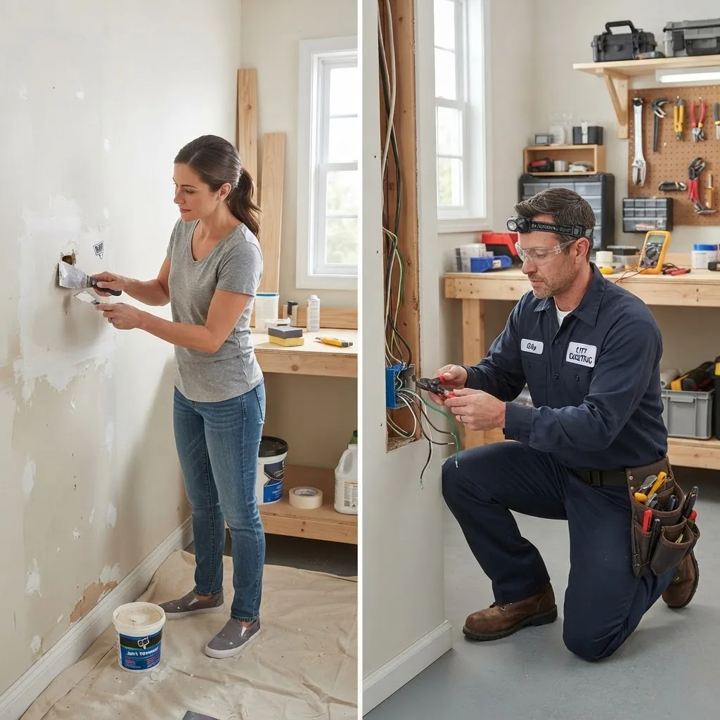 with a homeowner using tools to perform simple wall patching on one side, and a professional tradesperson in uniform fixing electrical