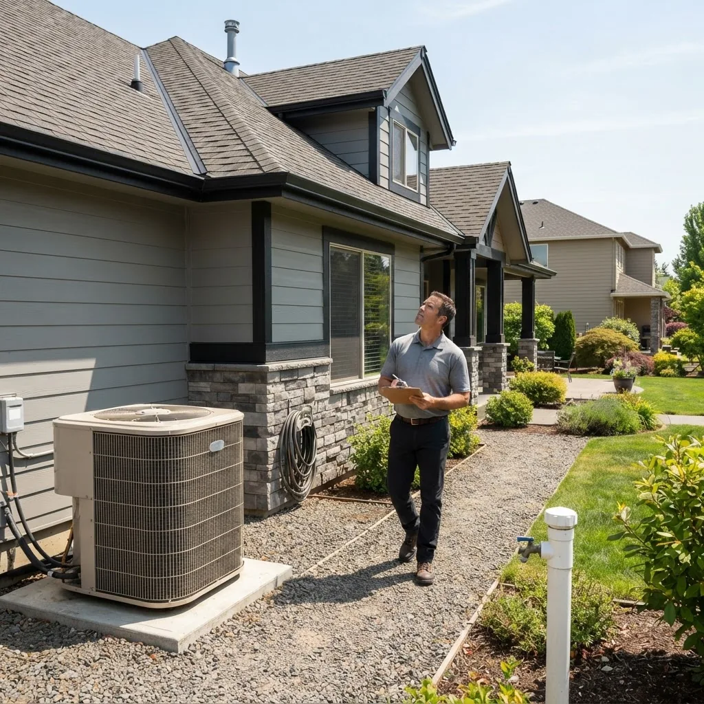a homeowner inspecting common house repair sites including an HVAC unit, roof shingles, and plumbing fixtures, set outside a modern