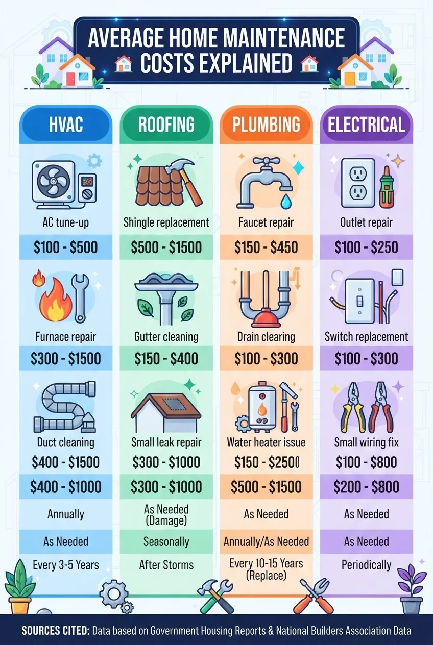 is divided into 4 columns by repair category—HVAC, Roofing, Plumbing, Electrical—with each column showing icons for tasks, average cost