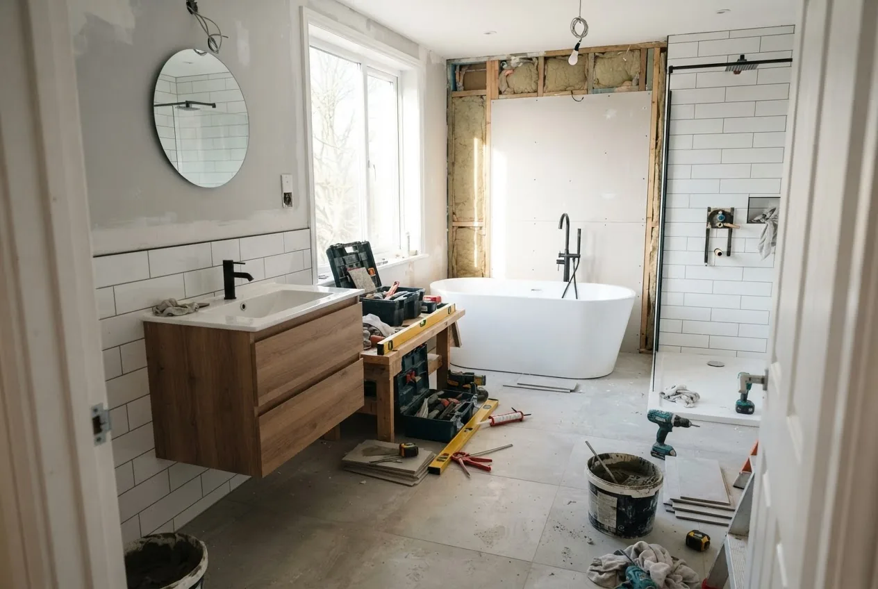 A bright, modern bathroom interior under renovation, focusing on visible new fixtures and tools on site, photographed from an angle showing