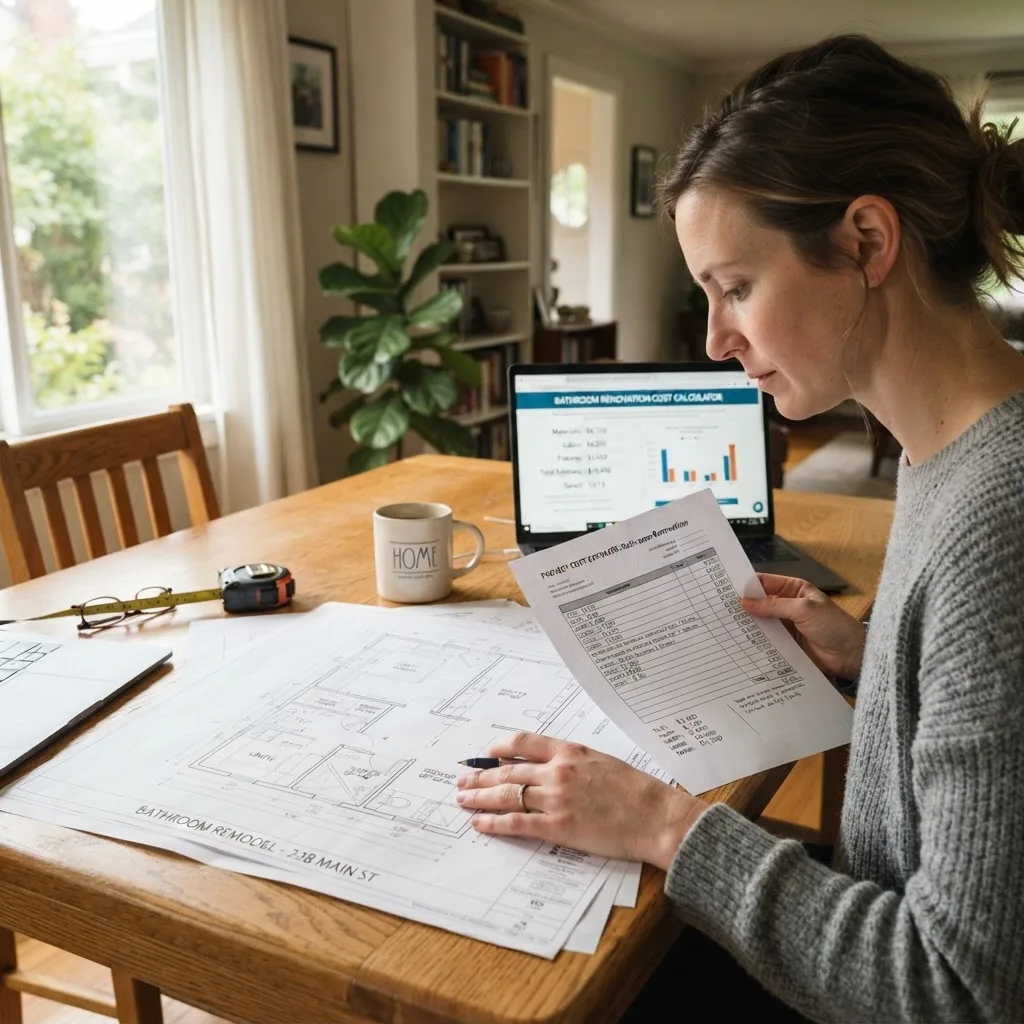 A homeowner reviewing bathroom renovation blueprints and cost estimates on a table, with a laptop displaying a cost calculator tool in the