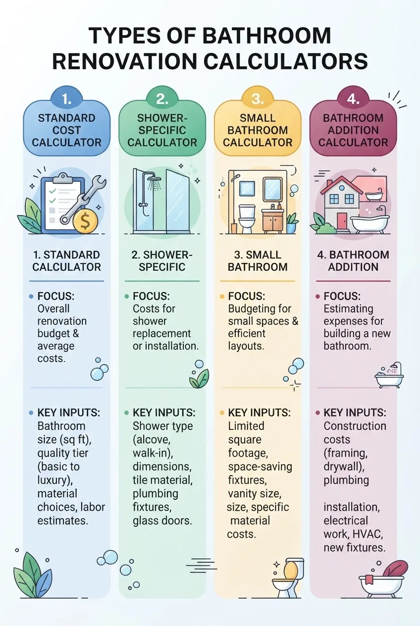 Infographic displaying 4 types of bathroom renovation calculators, each in a column with an icon: standard cost calculator, shower-specific