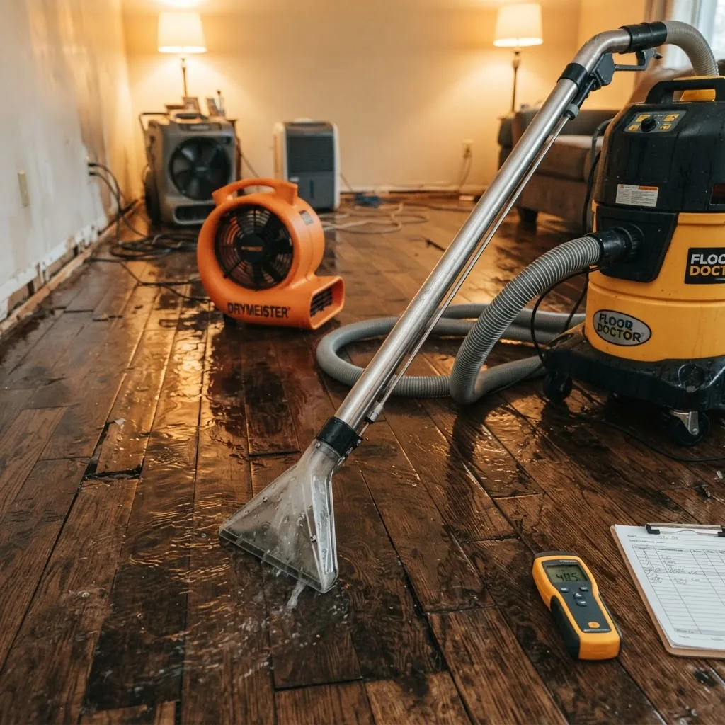 Close-up of water extraction machinery operating on a soaked wooden floor in a home, with visible moisture meters and drying fans in the