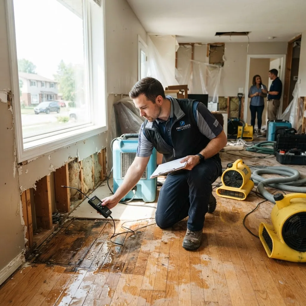 A bright, clear photo showing a professional restoration technician inspecting a damaged residential property interior with equipment,