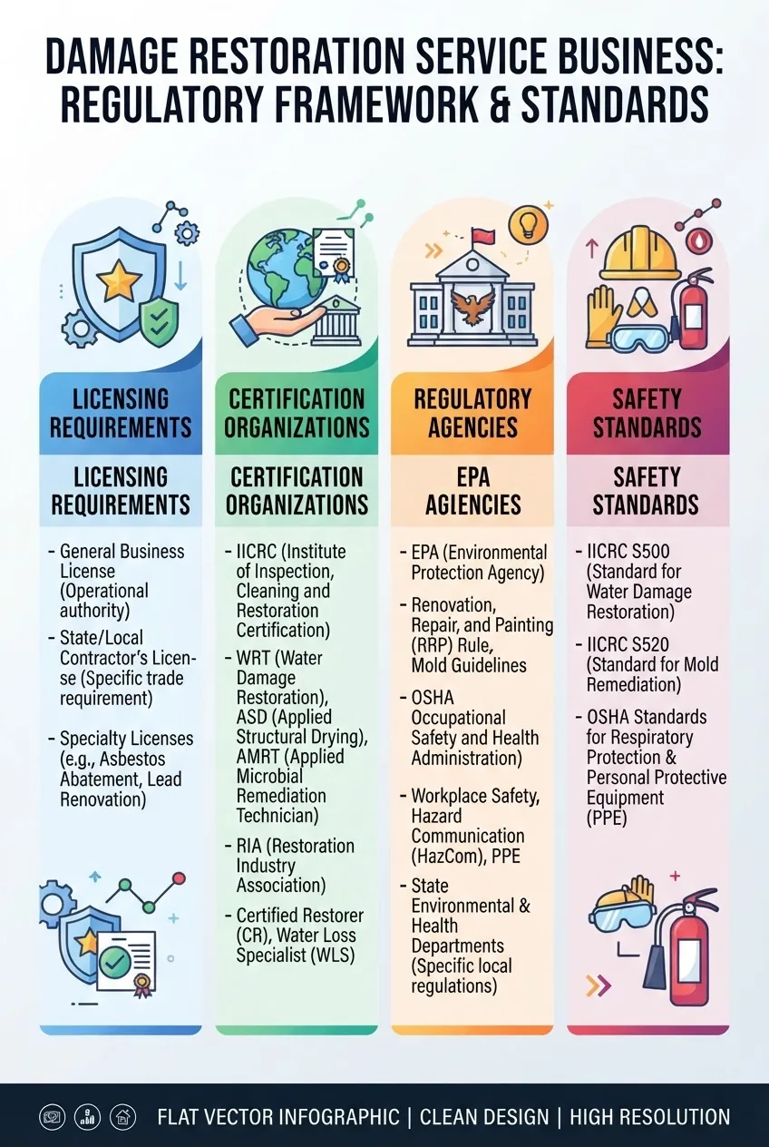 A structured infographic showing 4 columns: Licensing requirements, Certification organizations, Regulatory agencies, and Safety standards;