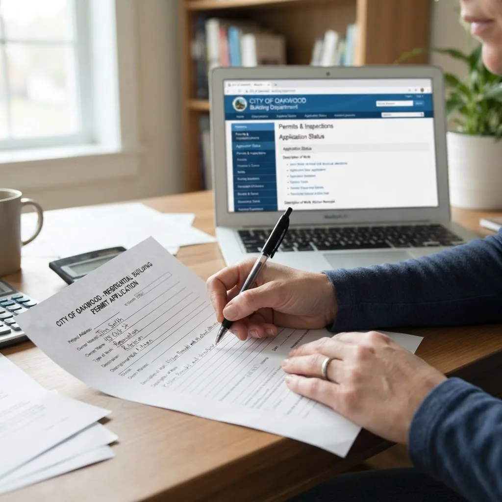 A close-up shot of a homeowner with a pen filling out a building permit application form at a desk, with a laptop displaying a city