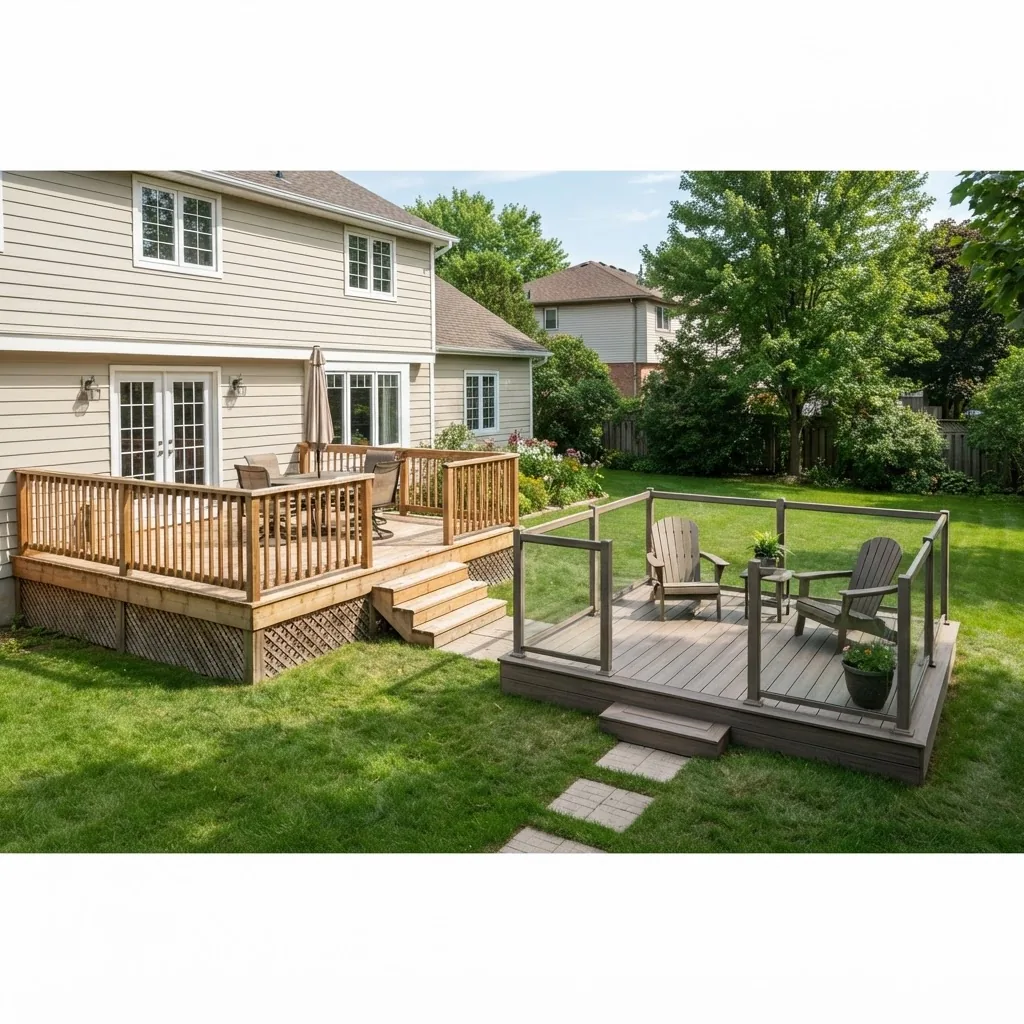 A sunlit backyard scene showcasing two decks side-by-side: one attached wooden deck connected to a house, and one freestanding small