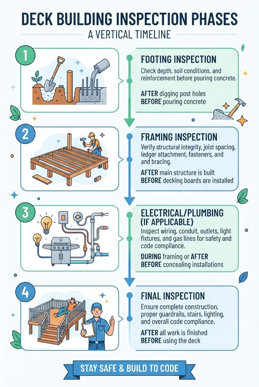 A clean infographic with a vertical timeline showing four main inspection phases for deck building: footing inspection, framing inspection,