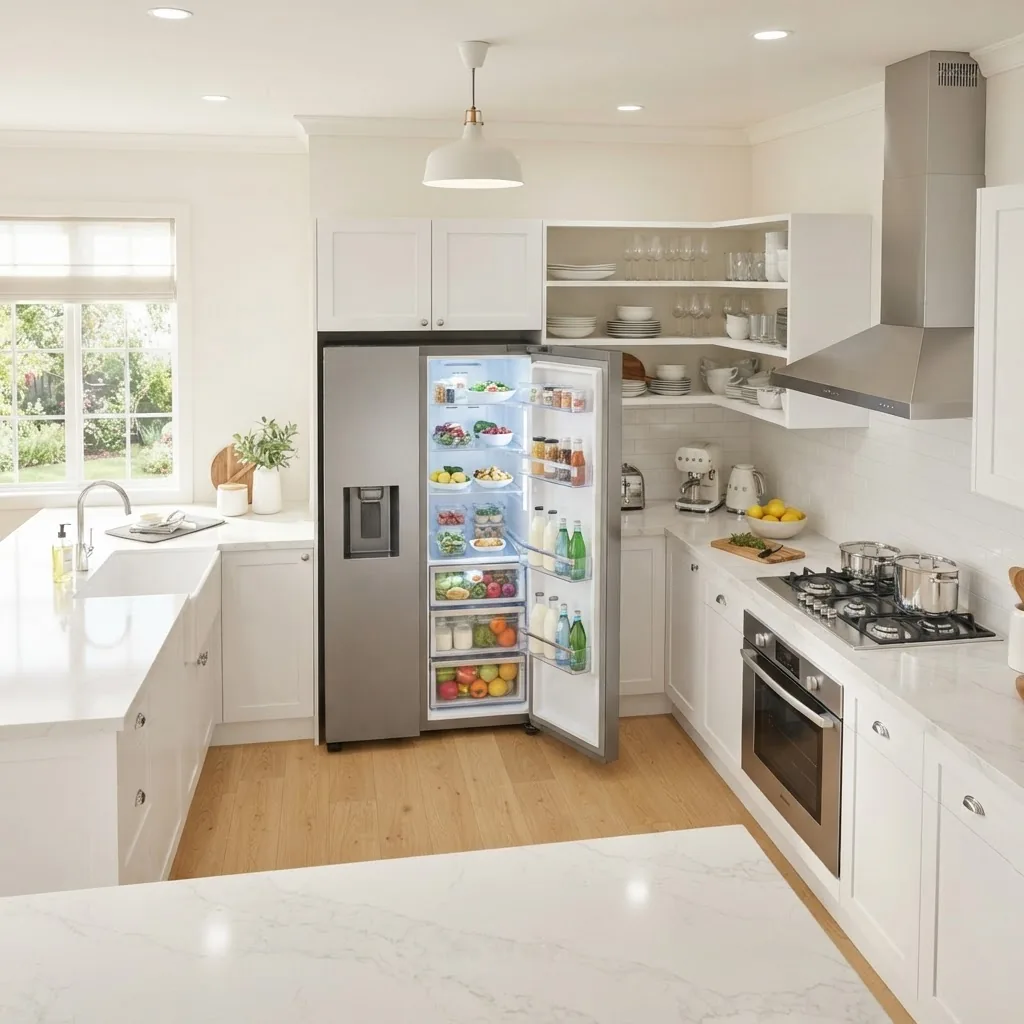 A bright, clean modern kitchen from a slightly angled overhead perspective, showcasing an open refrigerator, scrubbed countertops, shining