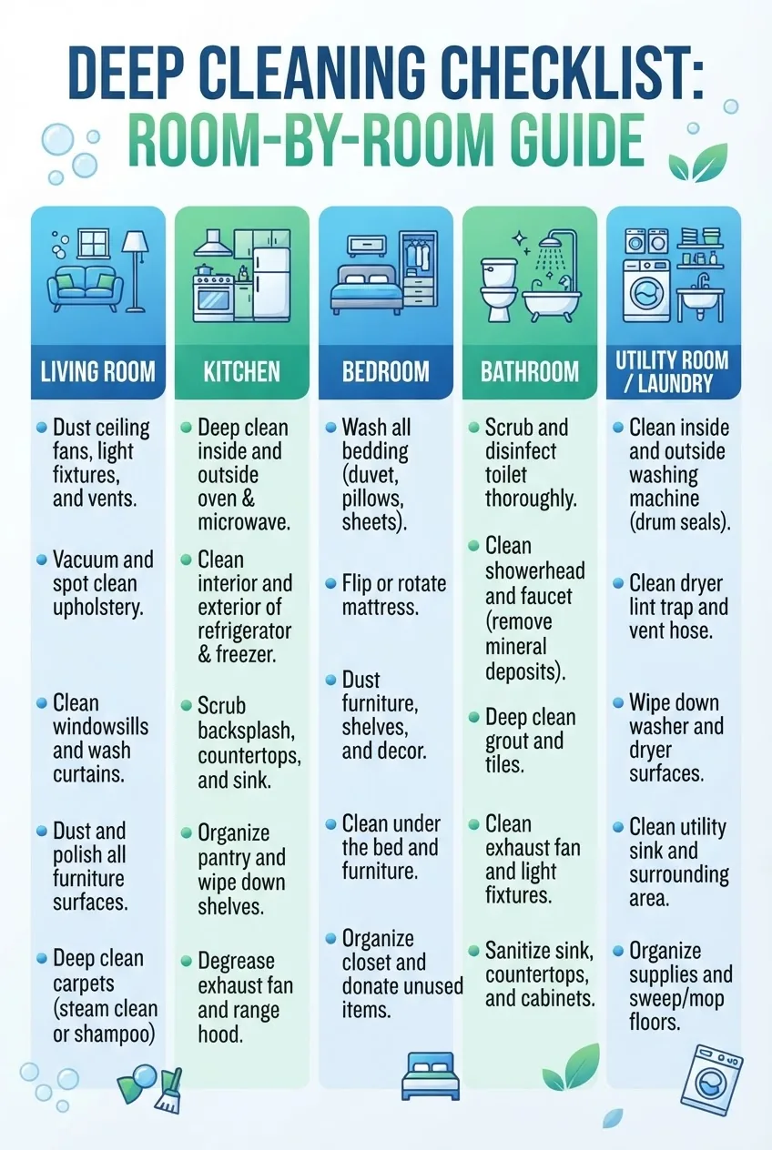 shows a room-by-room layout (living room, kitchen, bedroom, bathroom, utility) with icons and five concise bullet points listing the top