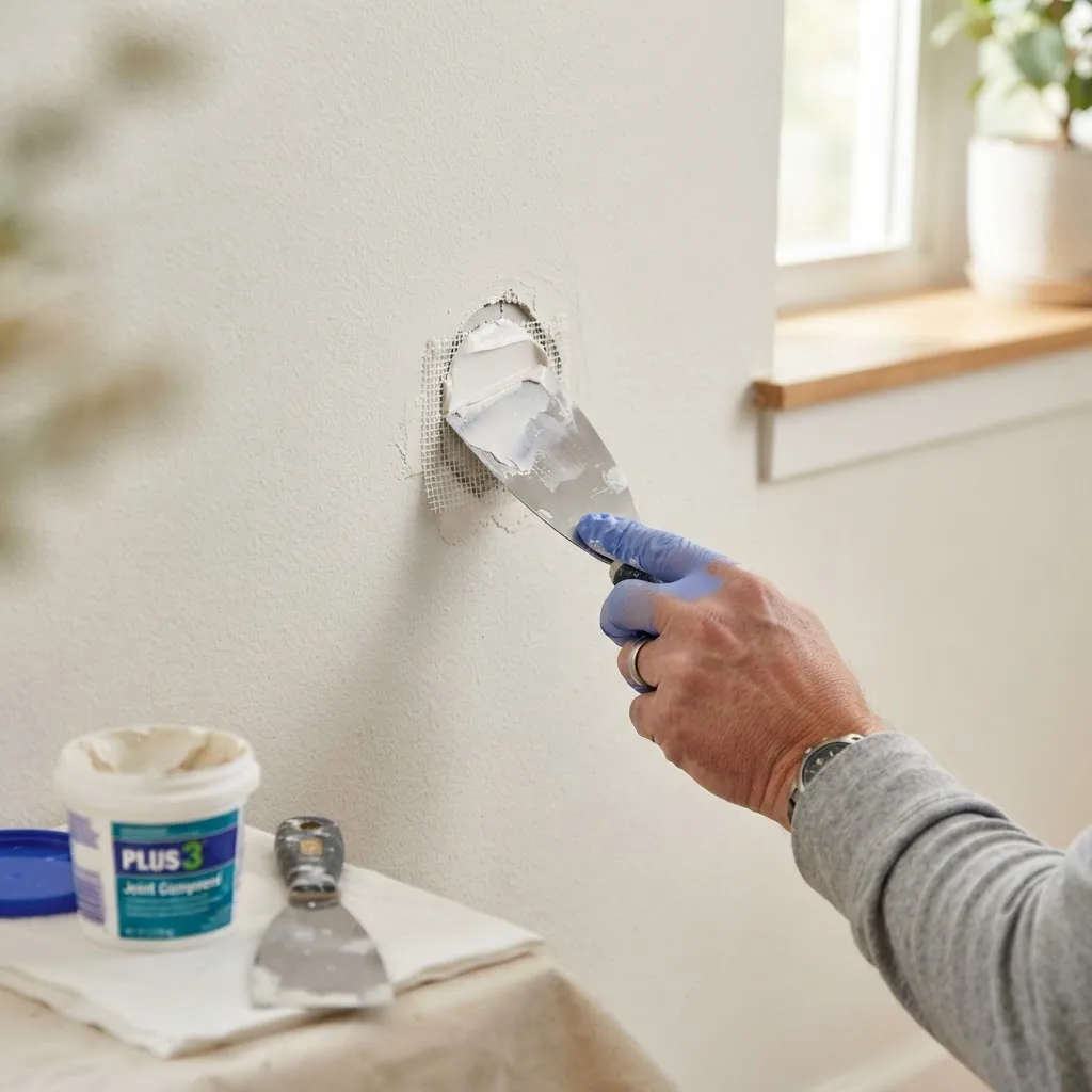 Close-up shot of a homeowner patching a small drywall hole with joint compound in a bright room with natural daylight, focus on hand and