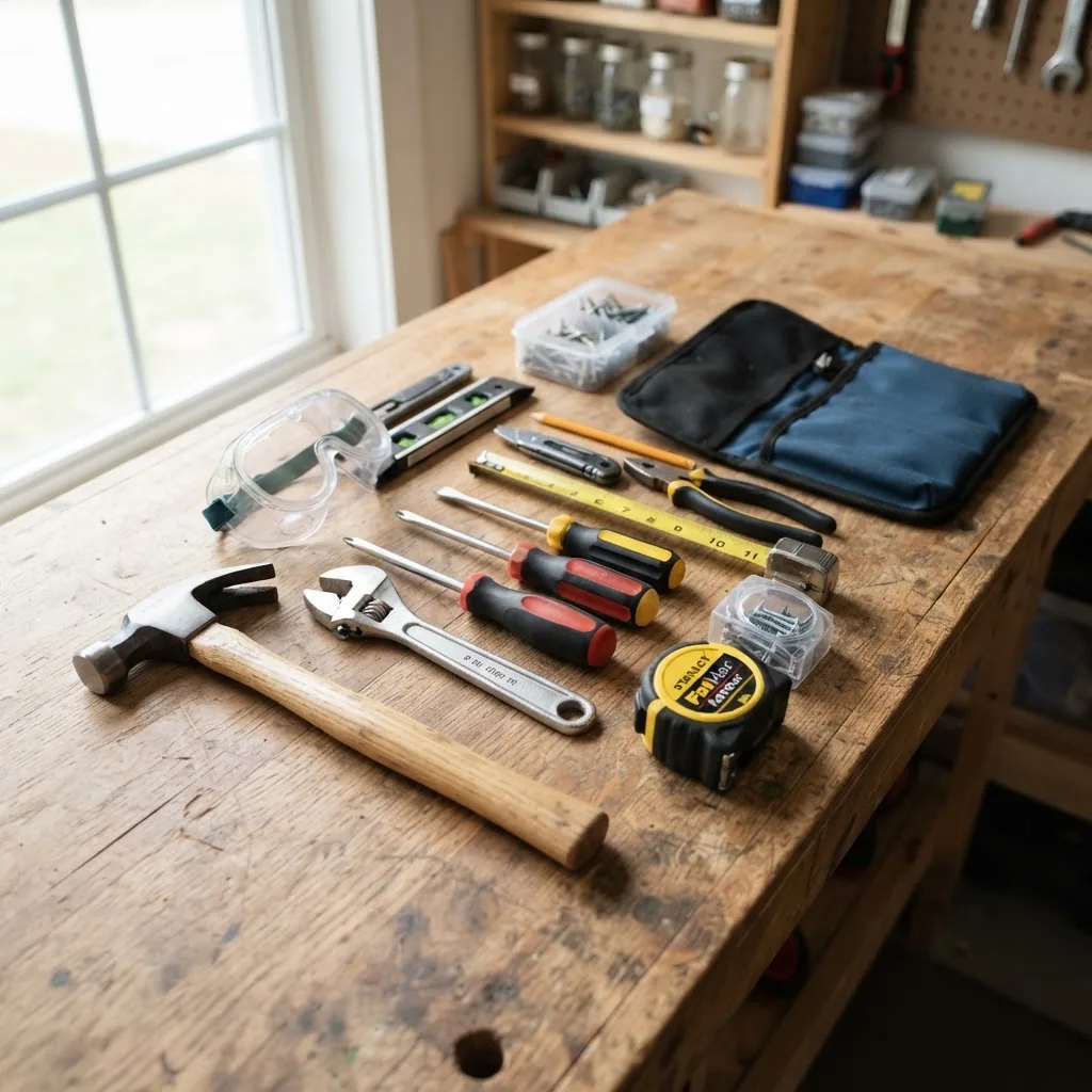 High-quality photo of a clean, organized basic home repair toolkit laid out on a wooden workbench with natural lighting, showing tools like