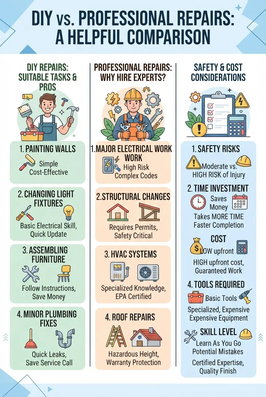 A visually clean infographic with three columns comparing DIY repairs and professional repairs: column 1 shows repair types suitable for