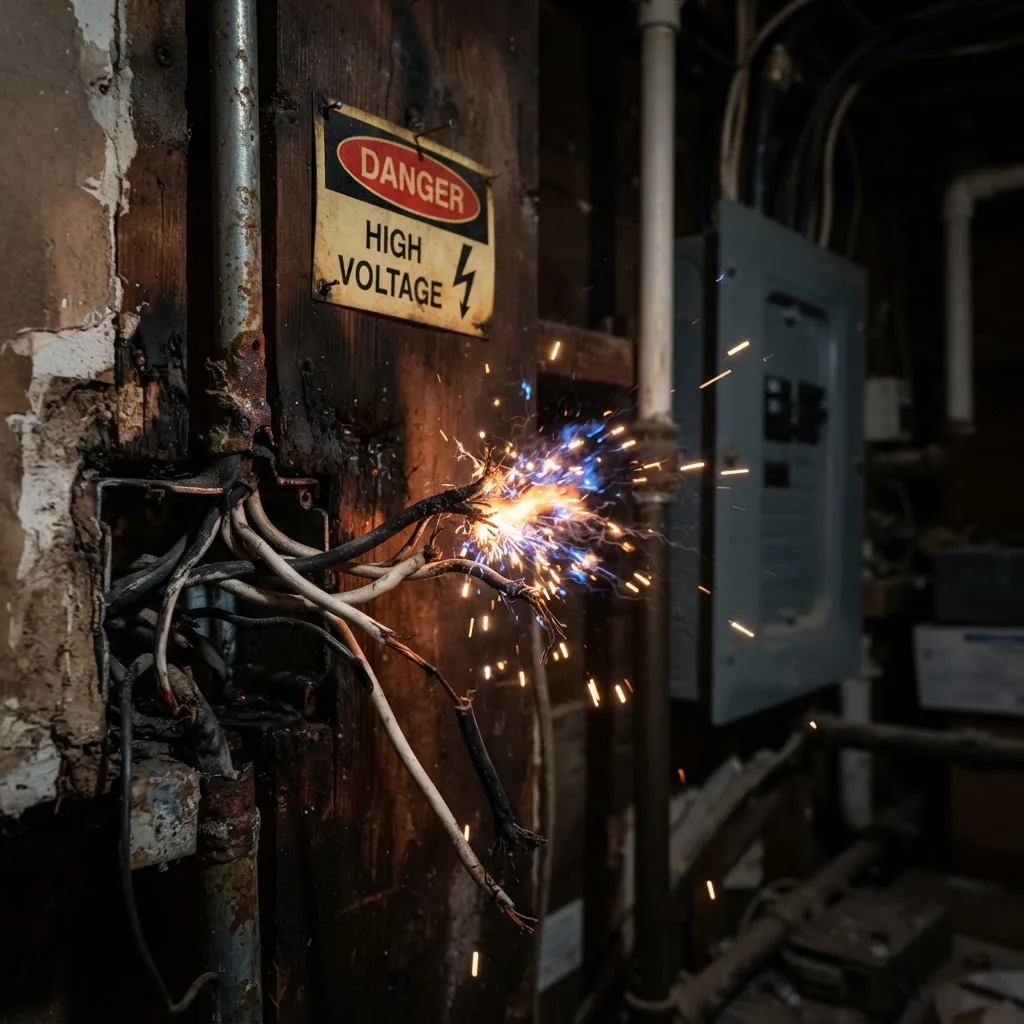 Close-up of damaged electrical wiring with visible sparks and a warning sign, indoors residential setting, dramatic lighting emphasizing
