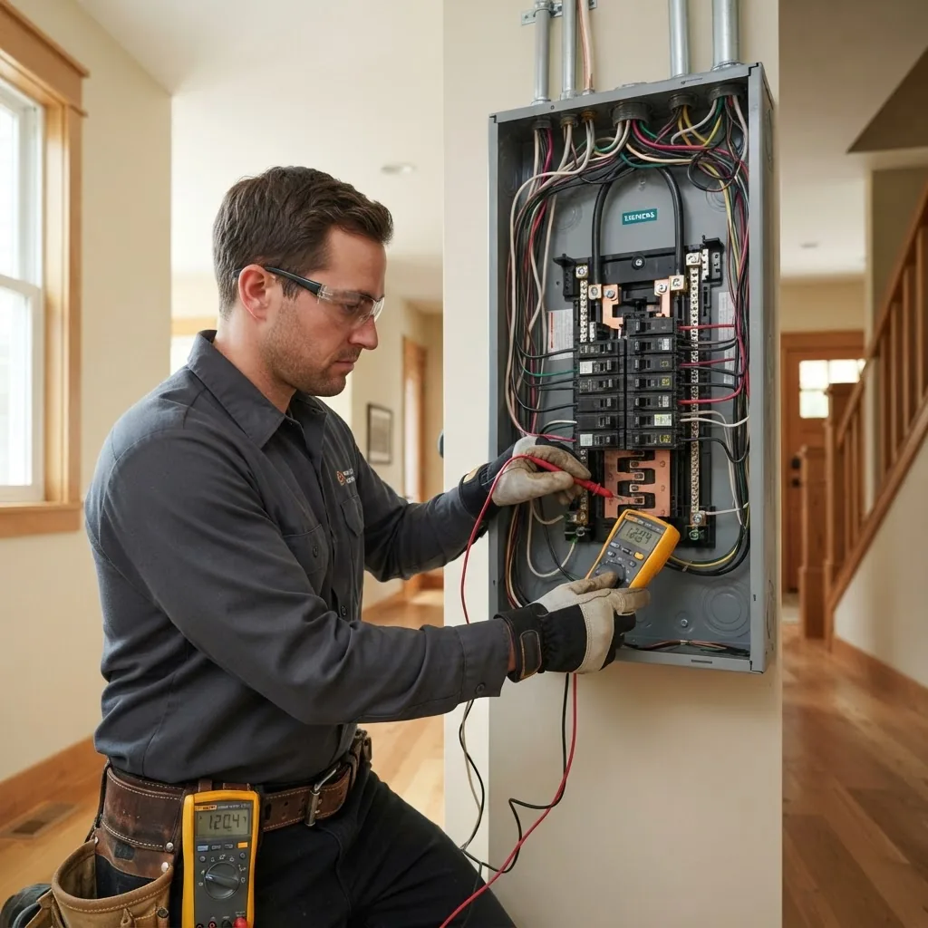 A professional electrician in safety gear using a multimeter to check electrical wiring inside a residential breaker panel, bright