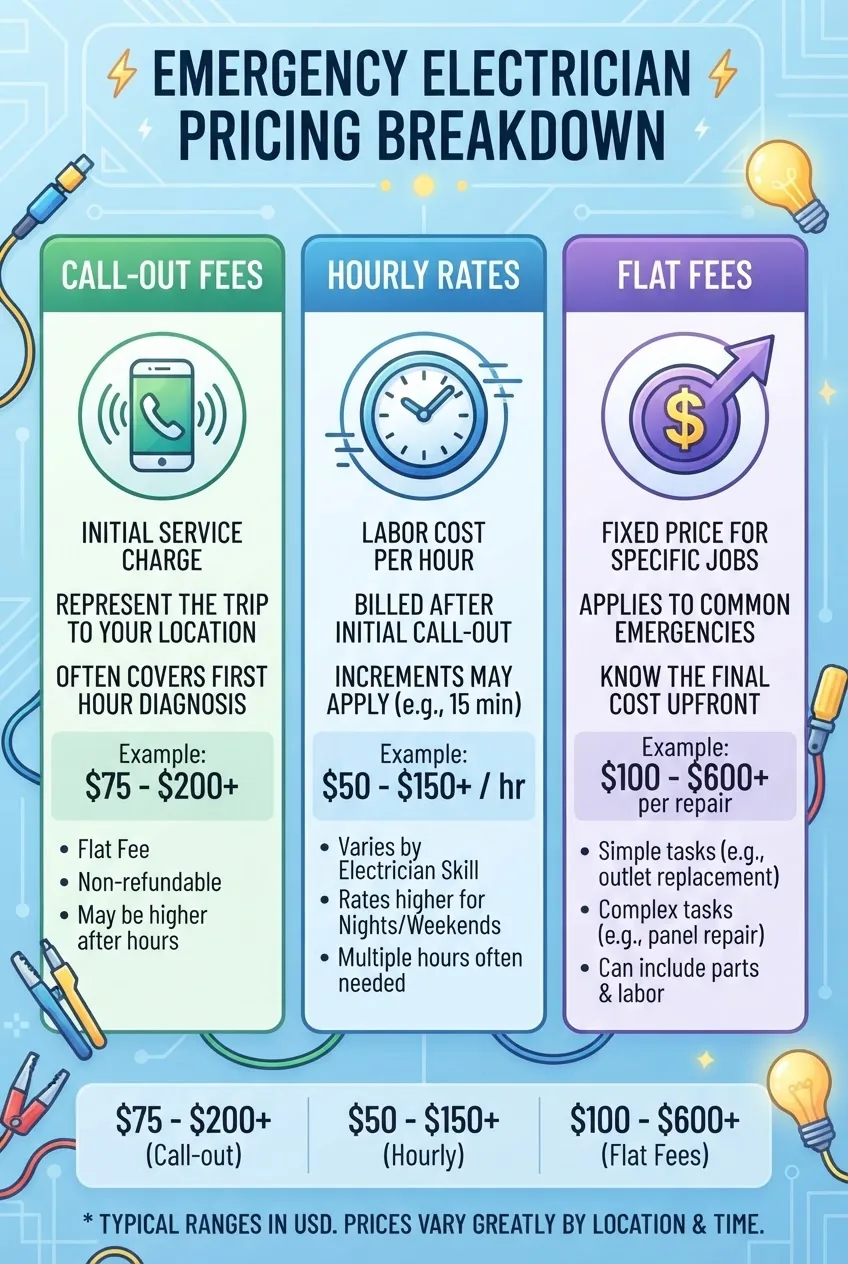A clean infographic showing a breakdown of emergency electrician pricing: three columns representing call-out fees, hourly rates, and flat