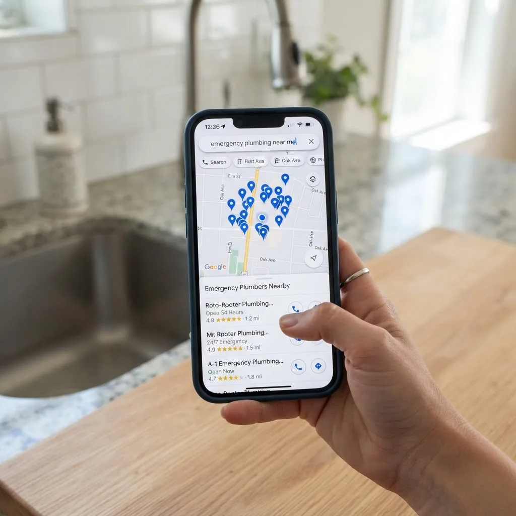a hand holding a smartphone showing a search for "emergency plumbing near me" with a map and local plumber listings visible, well-lit