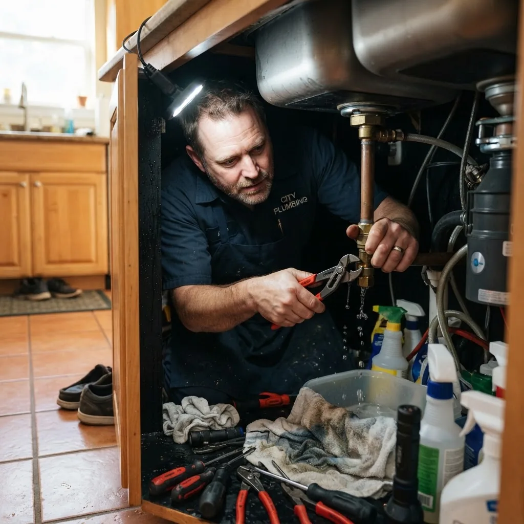 a residential kitchen with a plumber using tools under the sink to fix a visible burst pipe, indoor bright lighting, calm professional