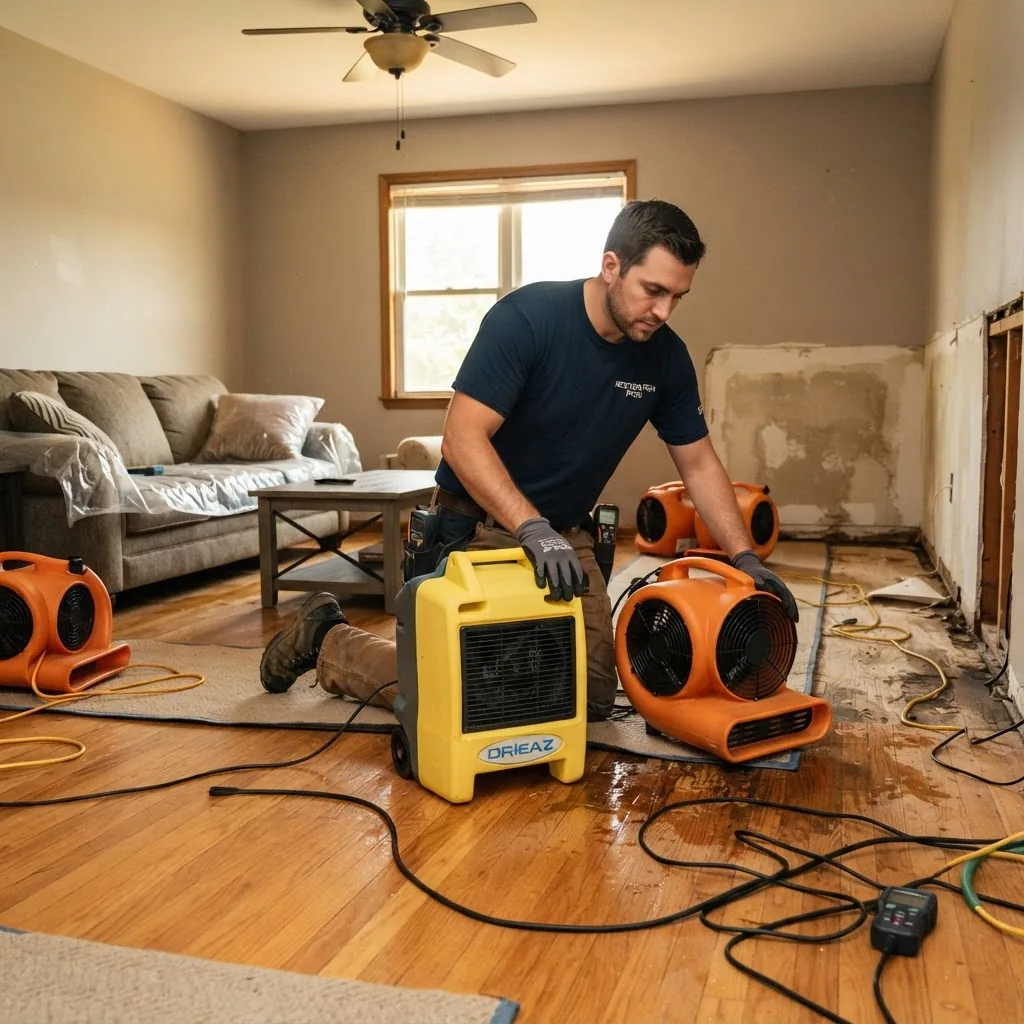 a home restoration worker setting up industrial dehumidifiers and air movers in a living room with visible signs of water damage, warm