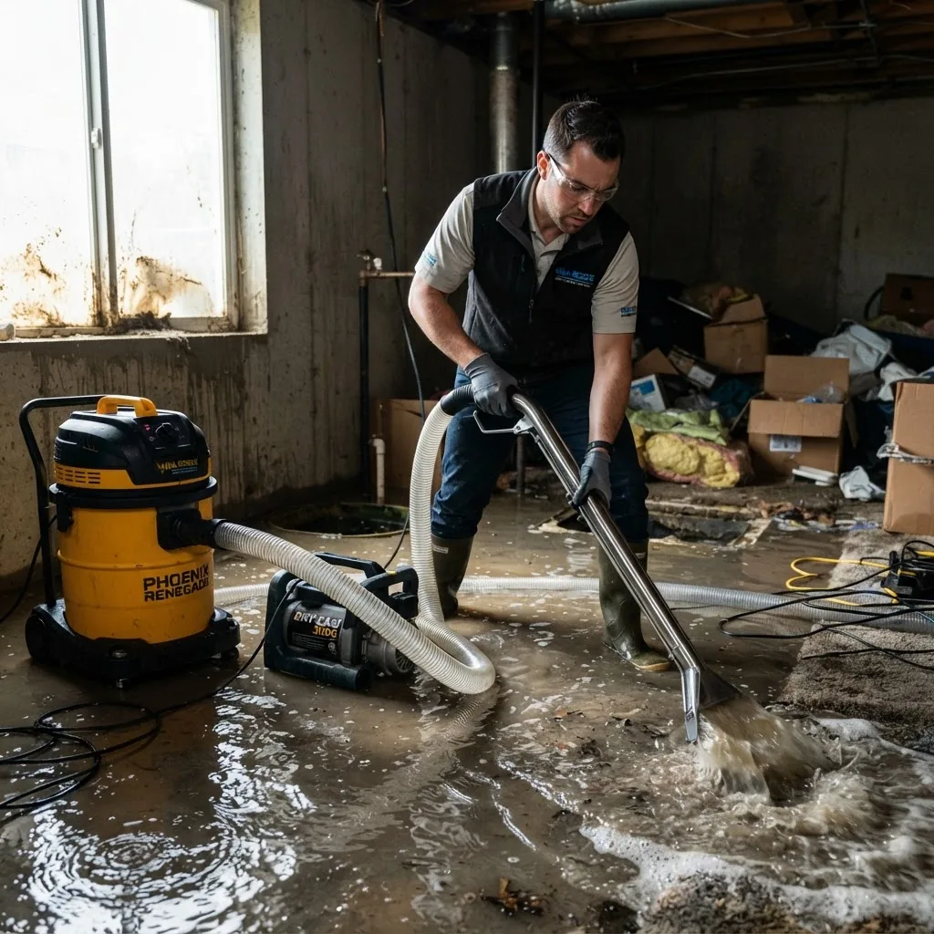 a professional technician using advanced water extraction equipment such as a wet vacuum and high-capacity pump inside a flooded
