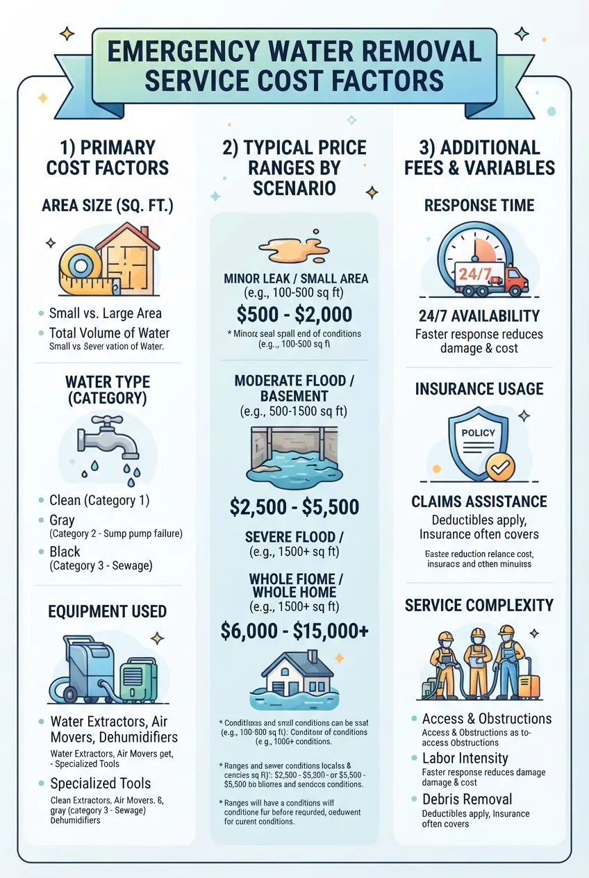 with three columns showing: 1) Cost factors (area size, water type, equipment) with icons, 2) Typical price ranges for emergency water