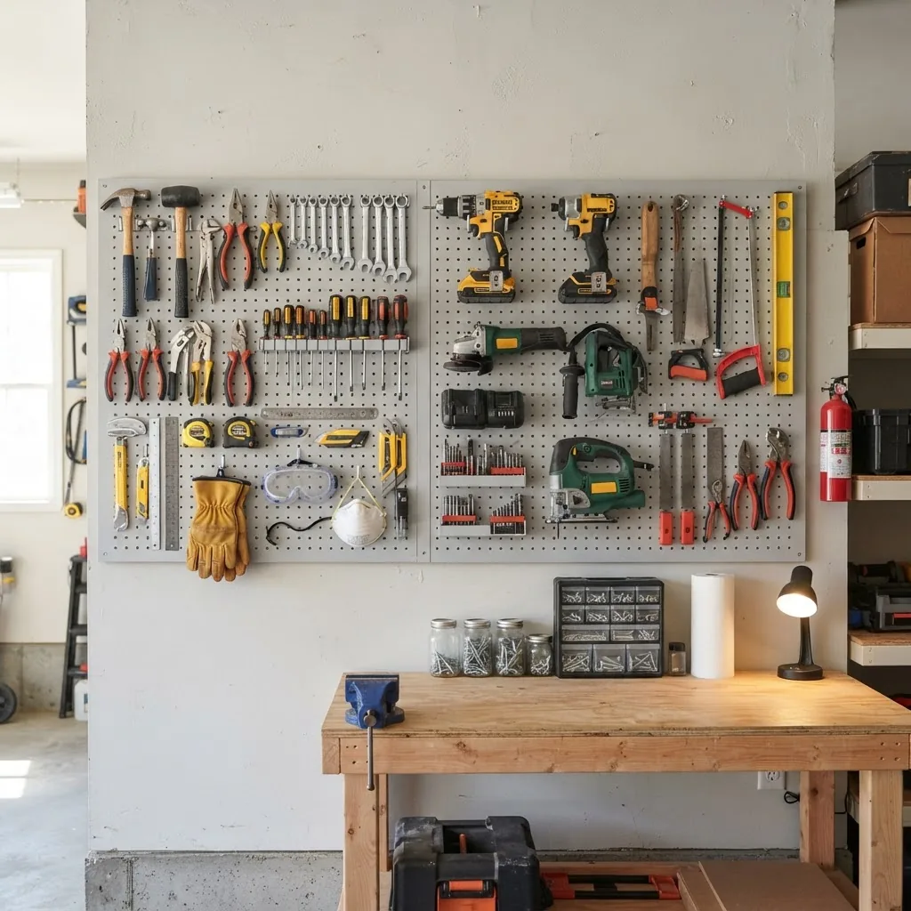 well-organized wall-mounted tool board featuring a variety of hand tools and power tools neatly arranged, in a bright garage or workshop,