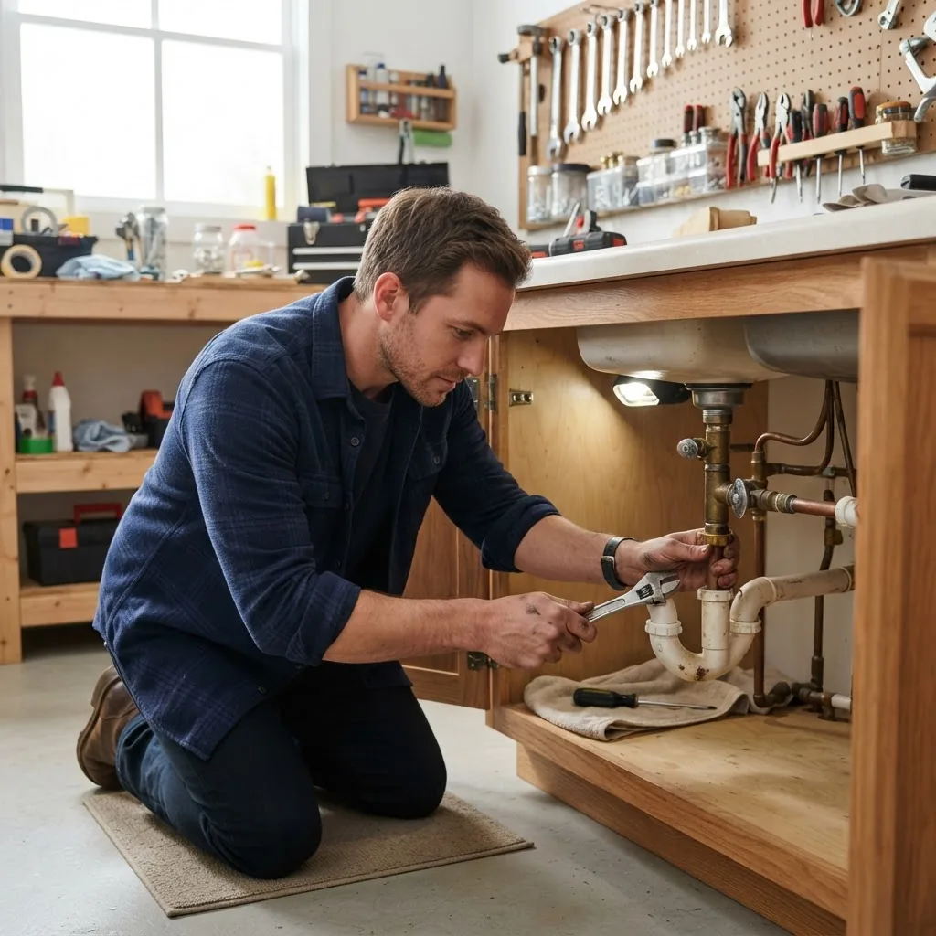 a homeowner using common hand tools such as a screwdriver and wrench on a household plumbing fixture, bright natural lighting in a clean