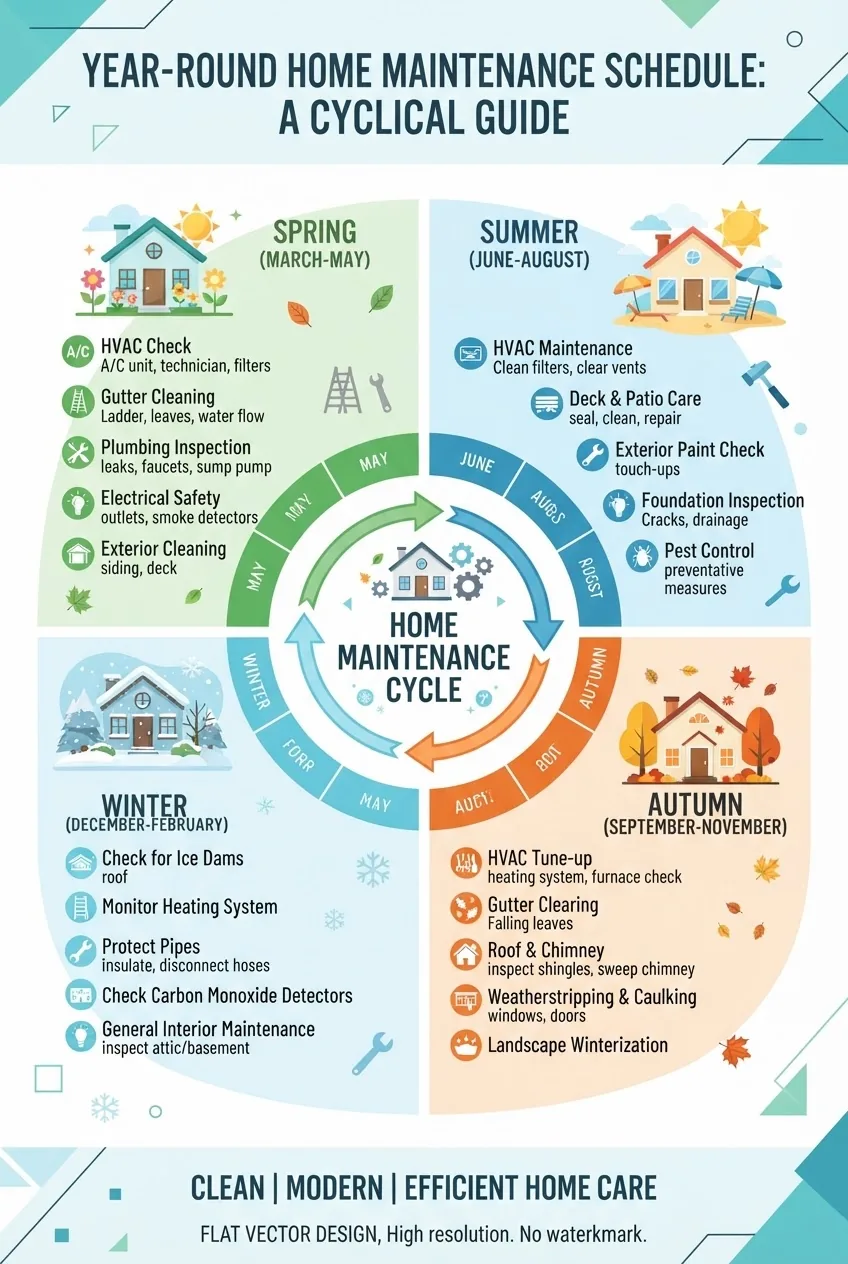 illustrates a cyclical home maintenance schedule divided into four seasons, each segment showing icons for key repair and maintenance tasks