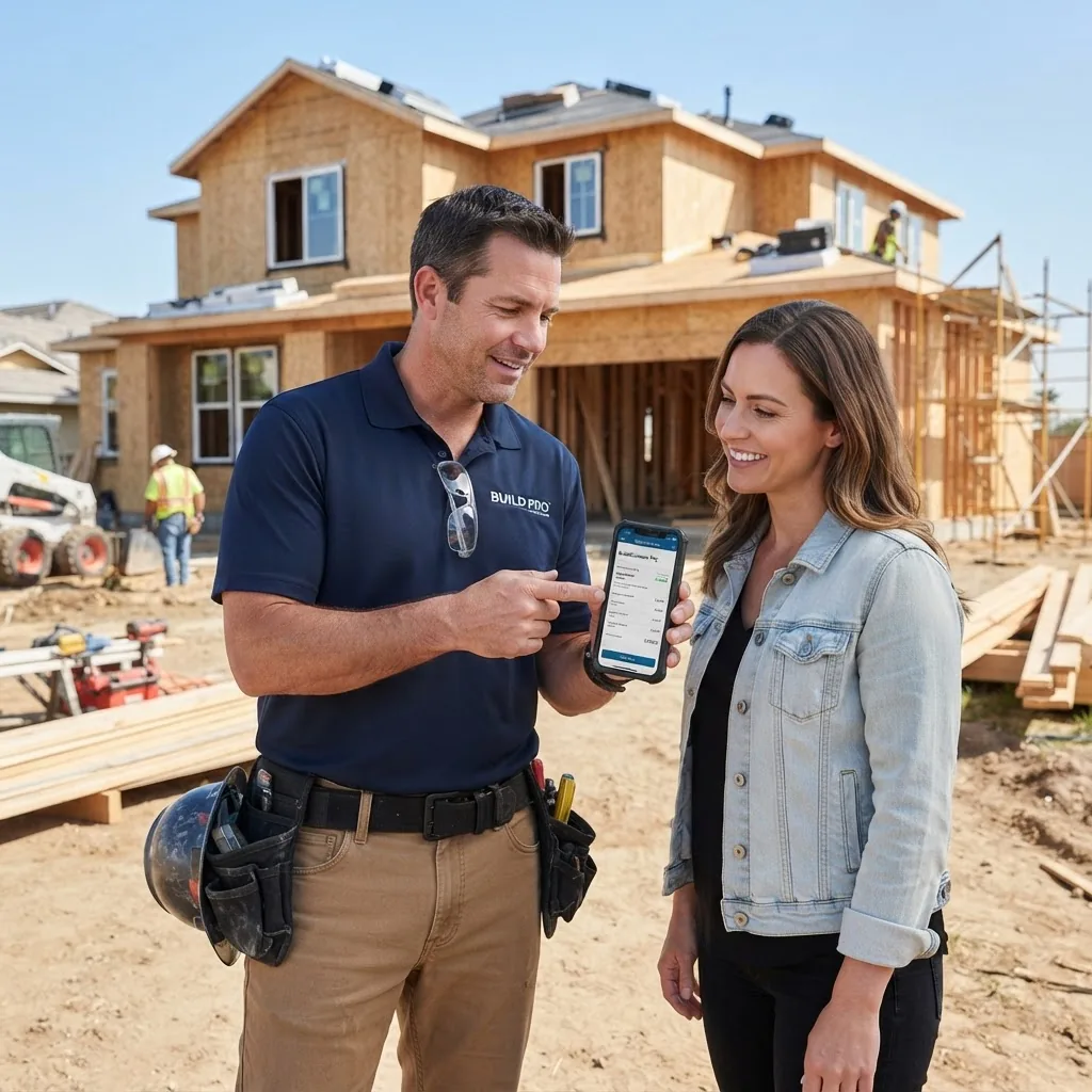 residential construction site with a contractor using a smartphone app to communicate with clients, sunny outdoor setting, casual workwear,