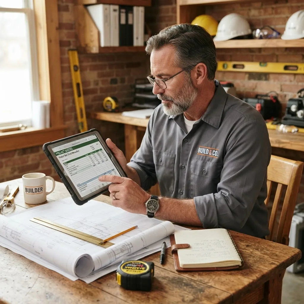 a contractor sitting at a desk reviewing digital construction quotes on a tablet, natural daylight, warm office environment showing