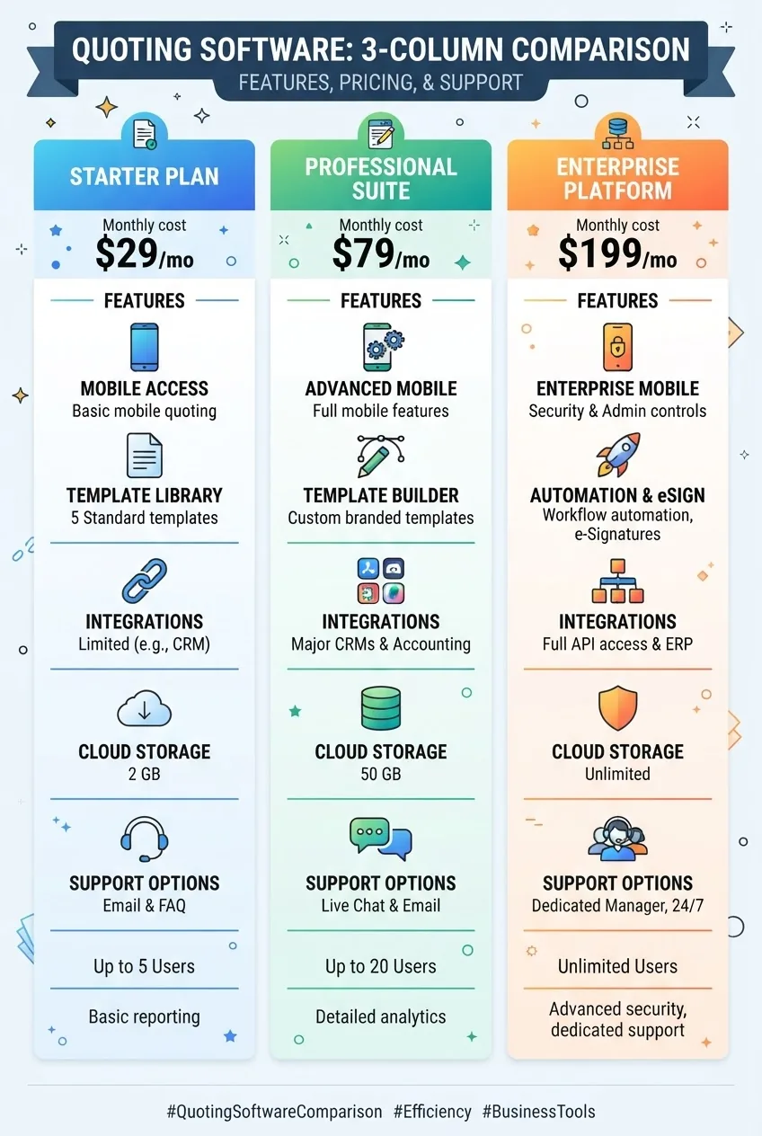 features a 3-column comparison of quoting software features, pricing, and support options; each column has icons representing features like