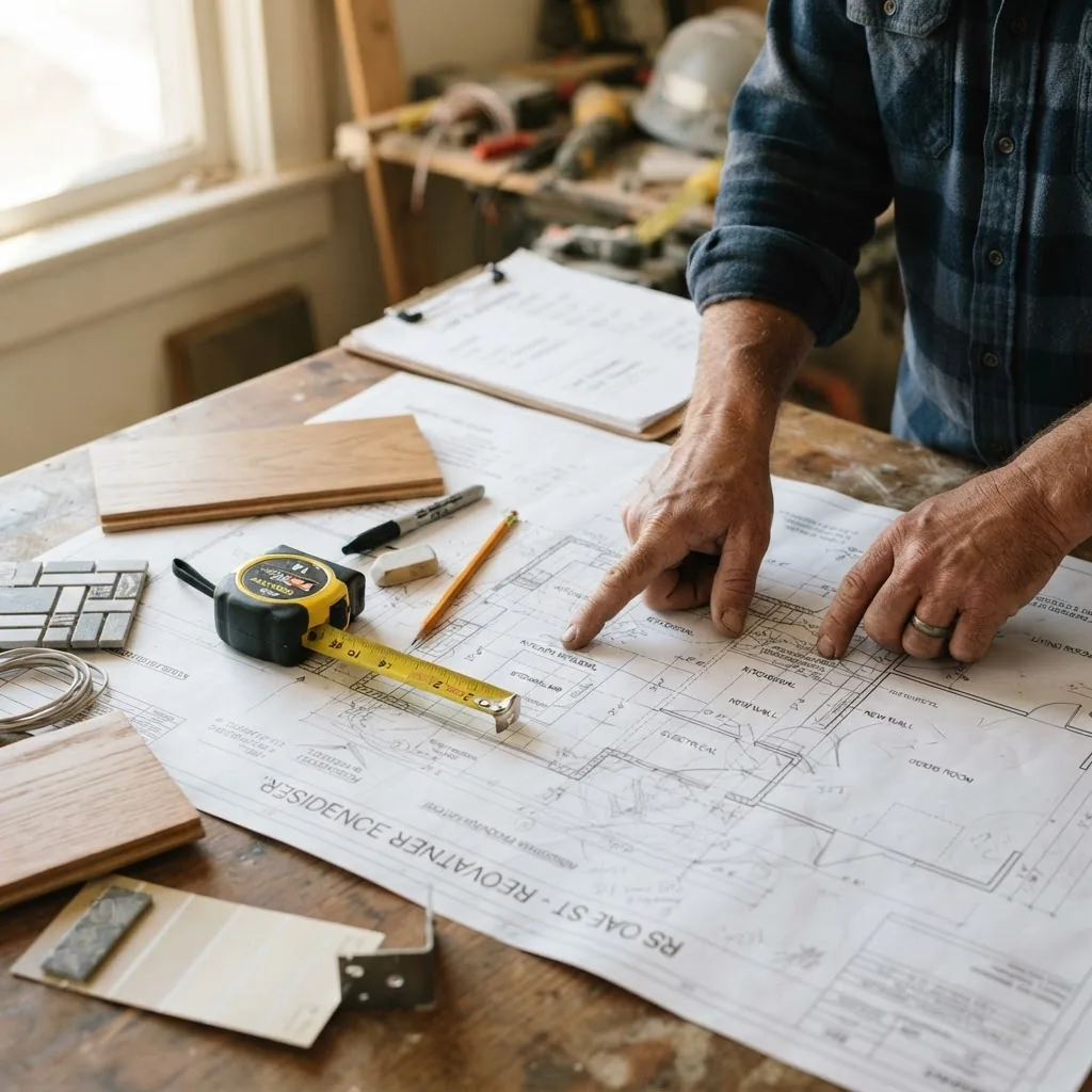 close-up of construction materials, blueprints, and a tape measure on a table, with a contractor’s hand pointing at plans, warm natural