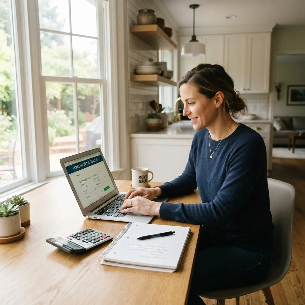 a homeowner using a laptop at a kitchen table, focused on entering home details into an online calculator, with a notebook and calculator