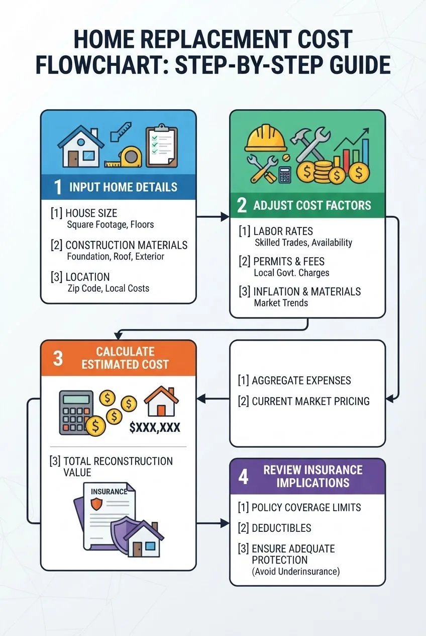 A clean infographic showing a step-by-step flowchart: 1) Input home details (size, materials, location), 2) Adjust cost factors (labor,