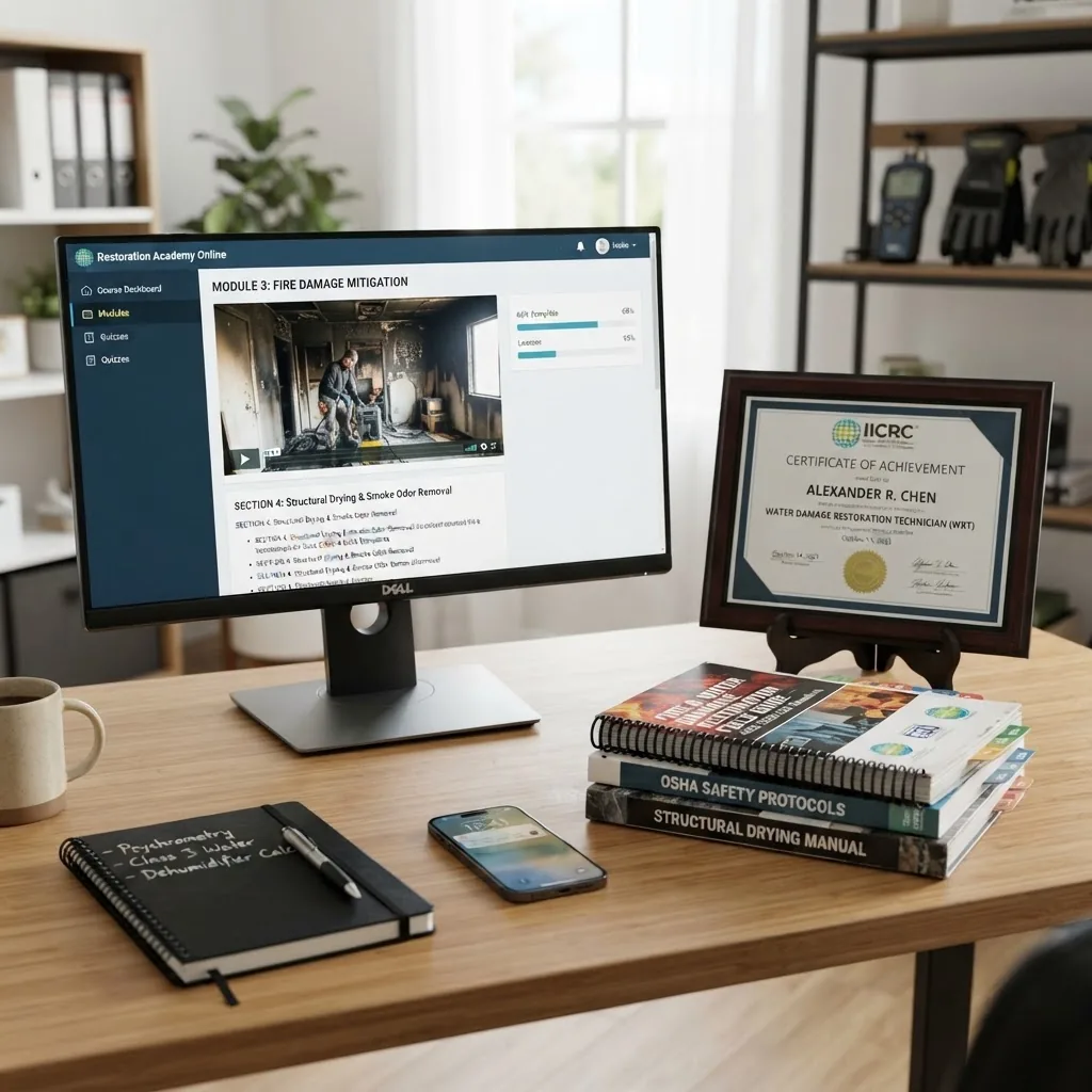 Close-up image of official certification documents, training manuals, and a computer screen displaying an online fire and water damage