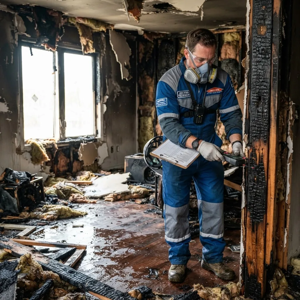 A high-resolution photo showing a certified fire and water damage restoration technician in protective gear inspecting fire and