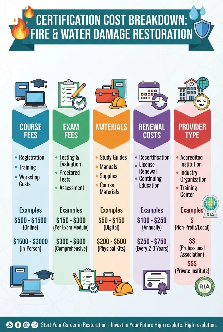 Infographic showing a multi-part cost breakdown of fire and water damage restoration certification: columns for course fees, exam fees,