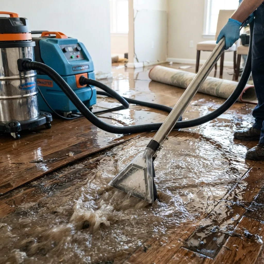 close-up of professional water extraction equipment (industrial pump and large wet-dry vacuum) operating on a flood-damaged hardwood floor