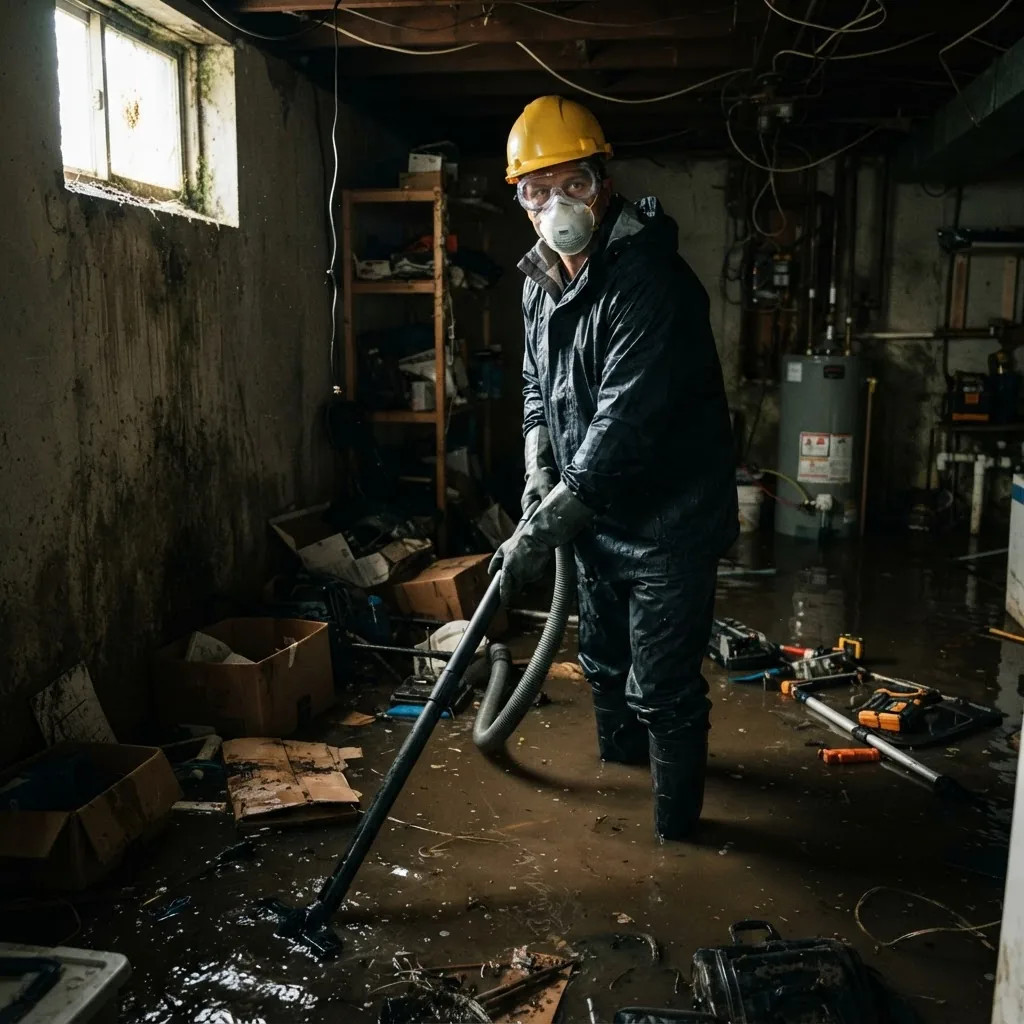 a homeowner wearing full protective gear including gloves, boots, a mask, and goggles, standing in a flooded basement setting, natural