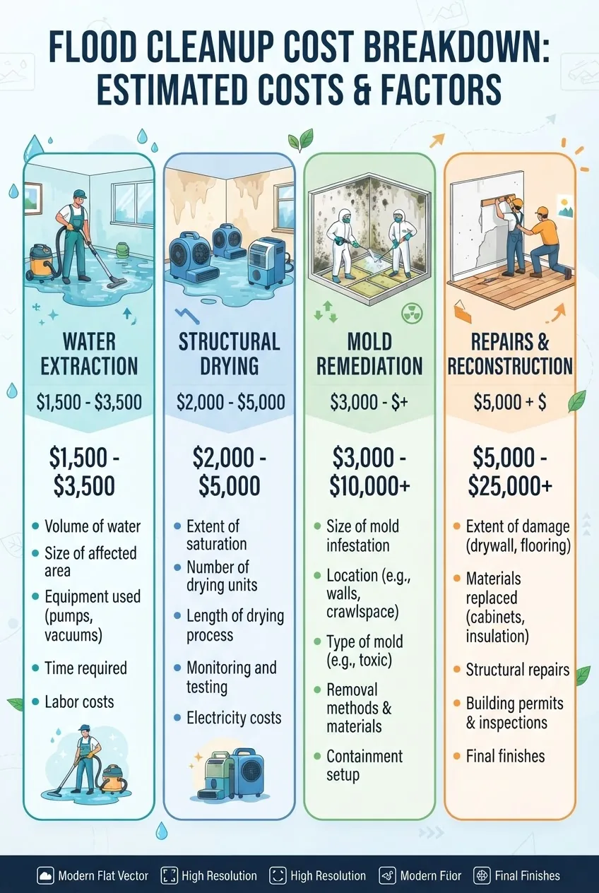 breaks down flood cleanup costs into categories (water extraction, drying, mold remediation, repairs) using icons for each, with average