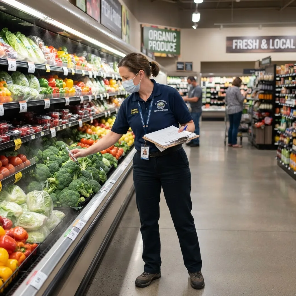 health inspector in uniform examining fresh produce and grocery store aisles, clipboard in hand, inside a well-lit, clean grocery store,