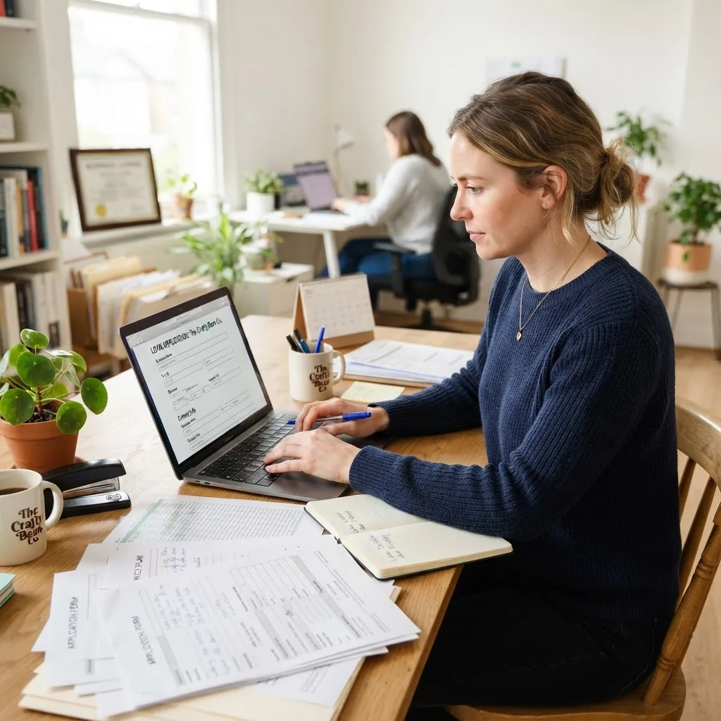 bright office scene showing a small business owner sitting at a desk, filling out application forms on a laptop, with printed documents