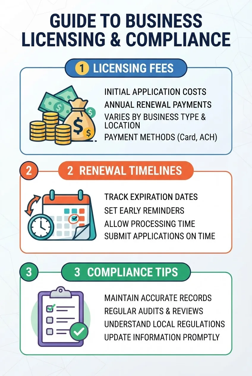 is vertically structured with three sections: (1) Licensing Fees — illustrated by coins and dollar signs; (2) Renewal Timelines — calendar